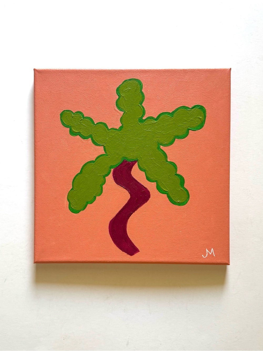 Coral background on canvas with Green Palm and Berry color Trunk